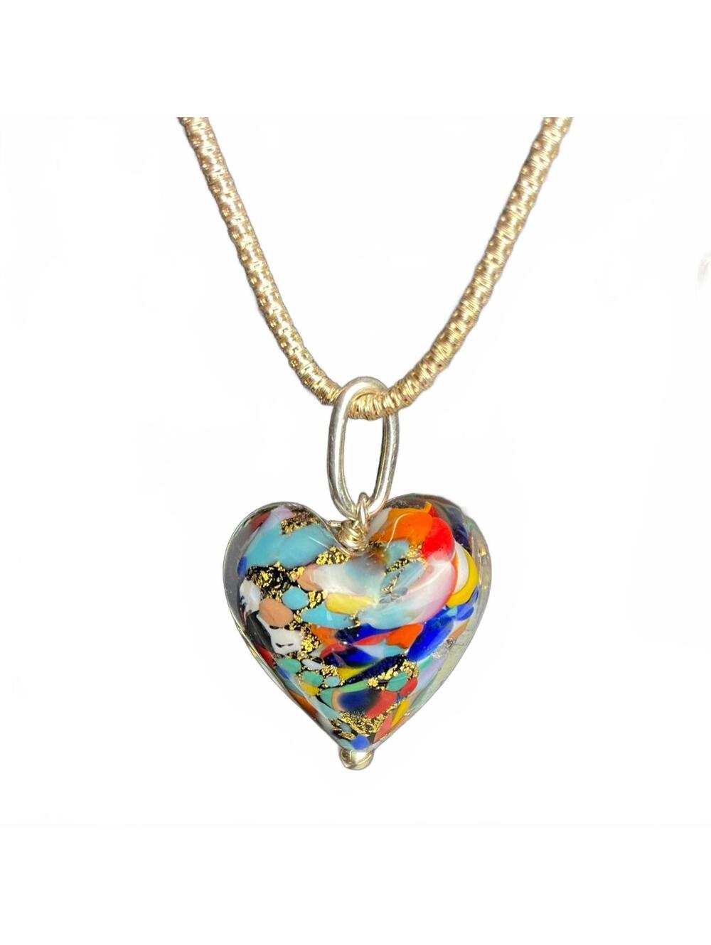 Designer Murano Glass Heart Pendant Necklace Gold / Sterling Silver New w/ Tags